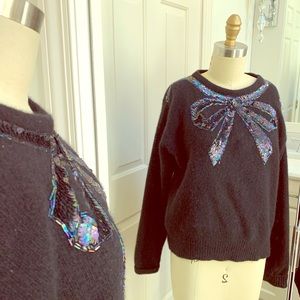 Vintage angora sequin bead Bow sweater